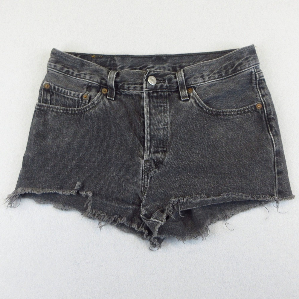 Levi's 501 Shorts Women W27 Black Denim Cut Off Frayed Hem Button Fly - Picture 1 of 10